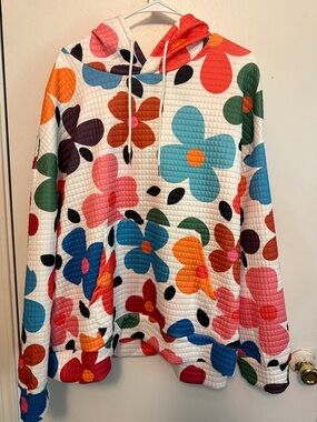 Floral Quilted Hoodie Sweatshirt - White Multicolor